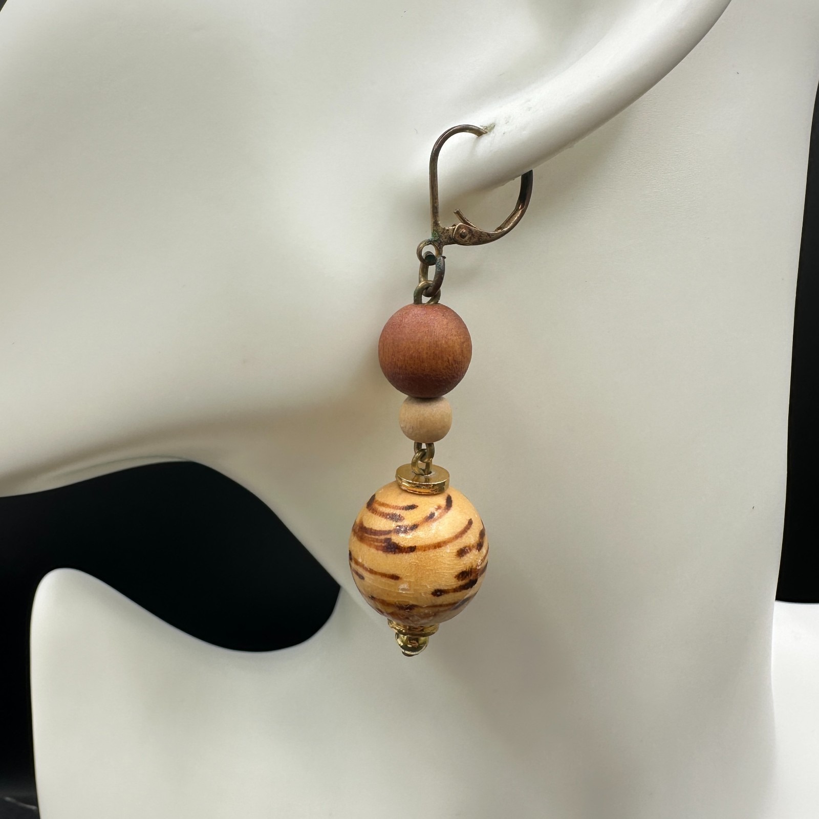 Natural Wood Bead Drop Earrings - Brown